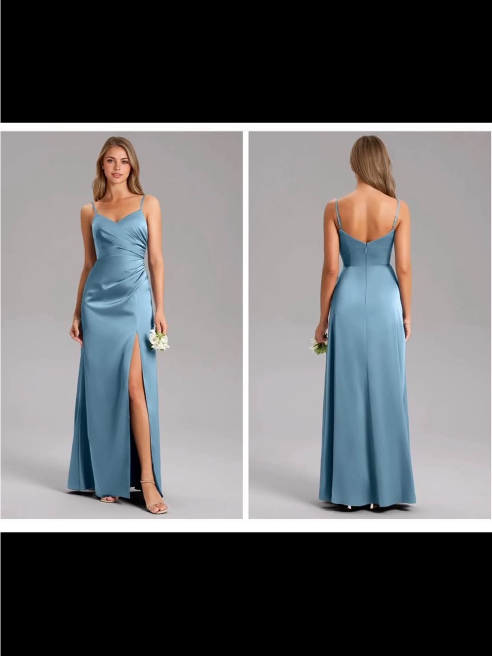 Azazie Dusty Blue Satin Spaghetti Strap Gown
